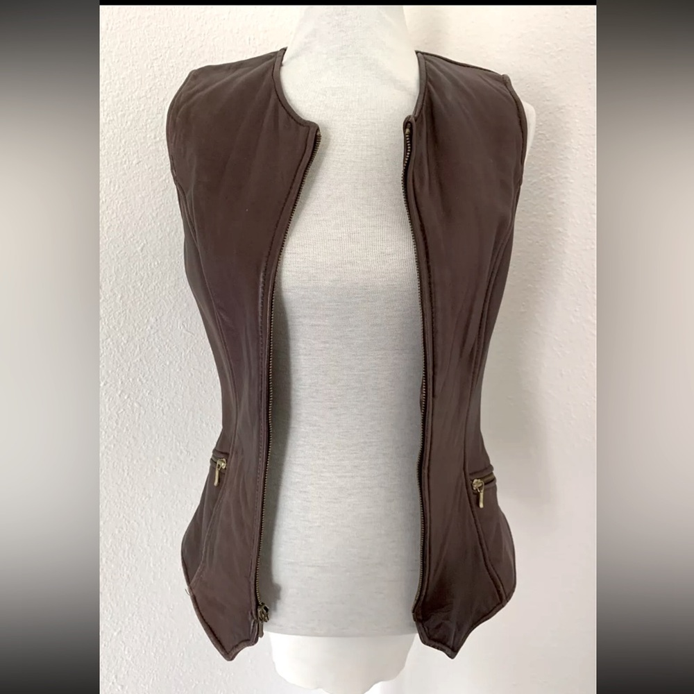 B.B.DAKOTA FOR BP. NORDSTROM Women's Brown Real Leather Zipper Pocket Vest Sz XS